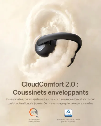 MC2 Écouteurs à Oreilles Libres, Clip-on avec CloudComfort 2.0, Hi-Res Audio, LDAC, SuperBass 3.0, Bluetooth 6.0, 4 Micros avec IA pour appels nitides, 55 h d'autonomie, IP67, légers 5,1 g Noir