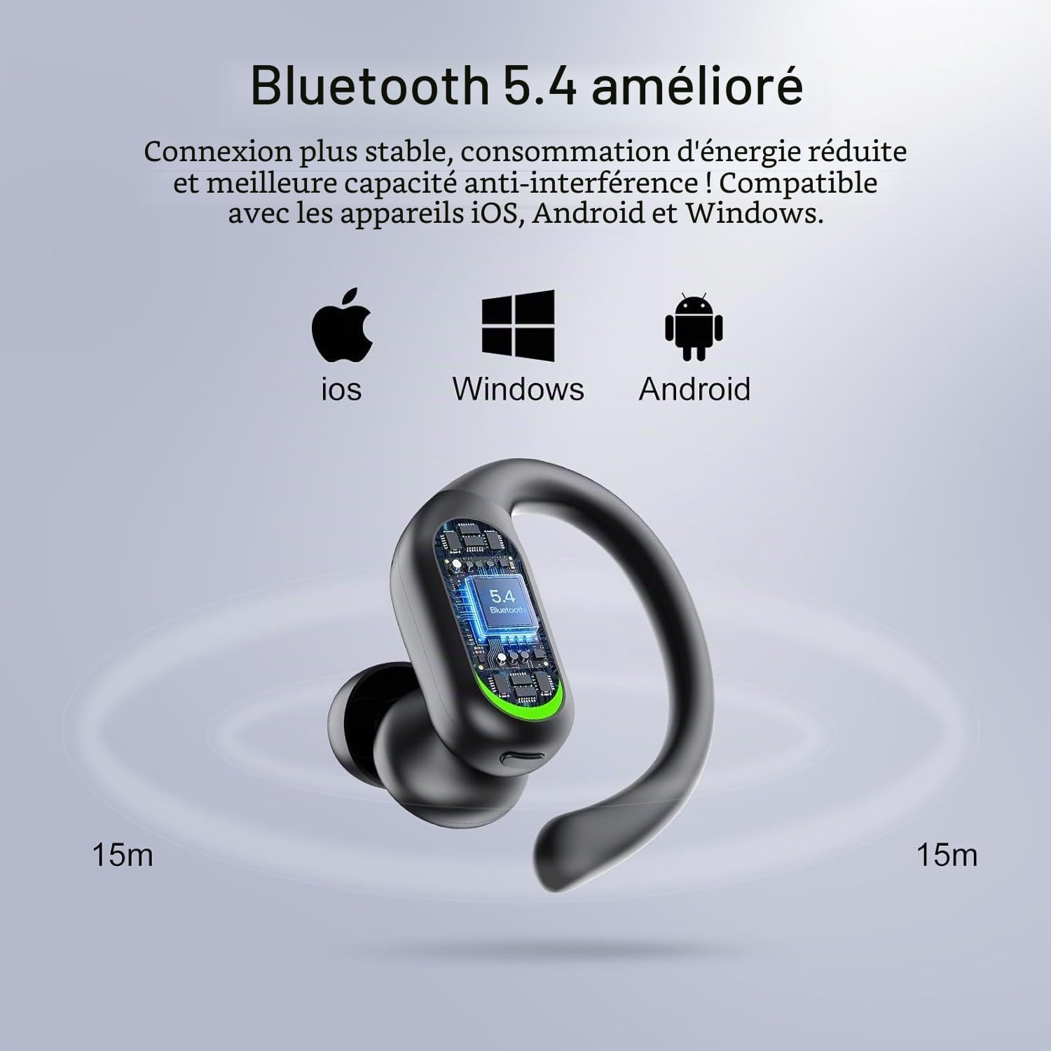 Ecouteurs Bluetooth sans Fil Sport, Écouteurs Bluetooth 5.4 avec 4 ENC Réduction Antibruit Mic, Écran LED, 60H Casque Bluetooth HiFi Stéréo, IP7 Étanche Oreillette pour iOS Android, Charge Rapide charbon noir