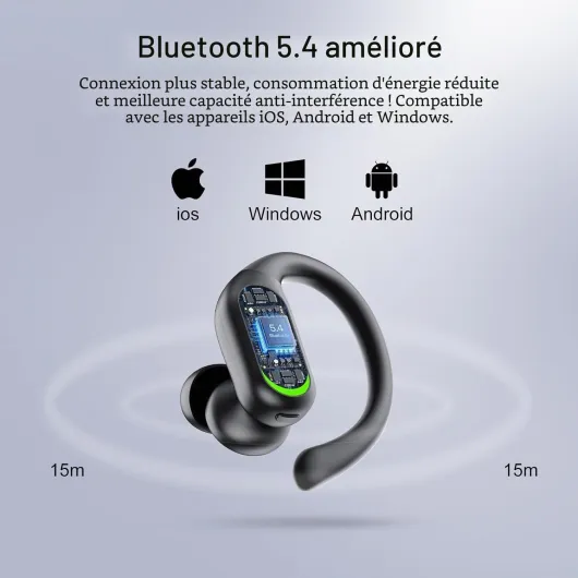 Ecouteurs Bluetooth sans Fil Sport, Écouteurs Bluetooth 5.4 avec 4 ENC Réduction Antibruit Mic, Écran LED, 60H Casque Bluetooth HiFi Stéréo, IP7 Étanche Oreillette pour iOS Android, Charge Rapide charbon noir