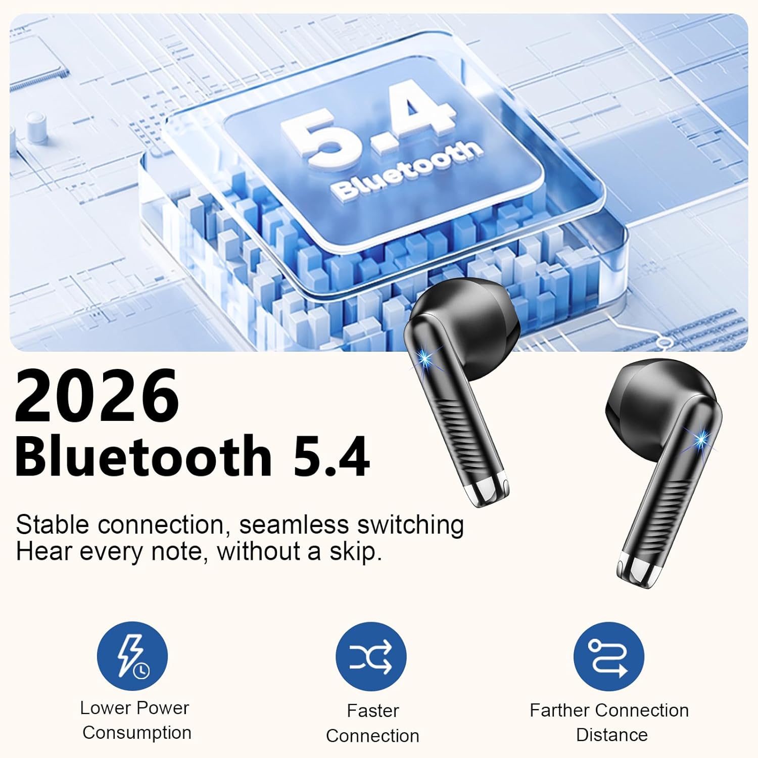 Ecouteurs Bluetooth sans Fil, Écouteurs Bluetooth 5.4 2026 Écouteurs sans Fil avec 4 ENC Réduction de Bruit Mic, IP7 Étanches Oreillette Bluetooth 56H Stéréo USB-C Contrôle d'APP pour Sport/Travail