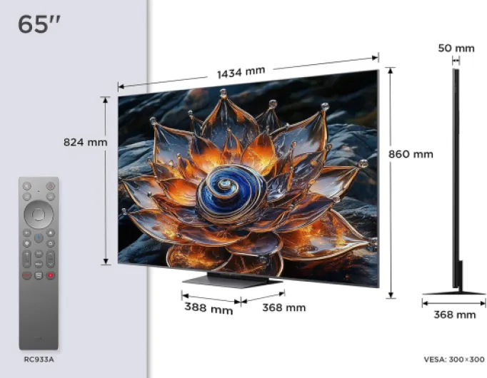 65Q8C Téléviseur QD‑Mini LED 65”, 4K HDR Premium 4500, ZeroBorder™, Smart TV sous Google TV (Dolby Vision IQ & Atmos, Panneau CrystGlow WHVA, Audio by Bang & Olufsen, 144Hz Motion Clarity Pro, GA