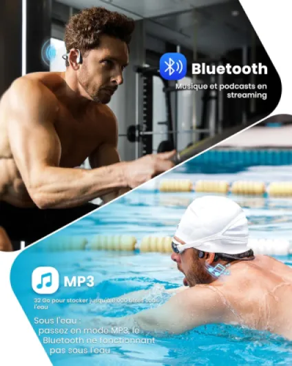 Run Plus New Casque à Conduction osseuse Natation, étanche IP68 écouteurs avec Lecteur MP3 32 Go, pour Course, Cyclisme et Sport, Basses Profondes, Micro ENC, Bluetooth 5.2 - Noir