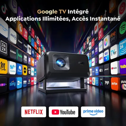 Vidéoprojecteur 4K【Google TV/Auto Focus/Keystone】Mini Projecteur Portable FHD 1080P Courte Focale, Contrôle Vocal, TOPTRO Rétroprojecteur Portable avec WiFi6, Bluetooth 5.4, Zoom 50 % pour Home Cinéma Noir