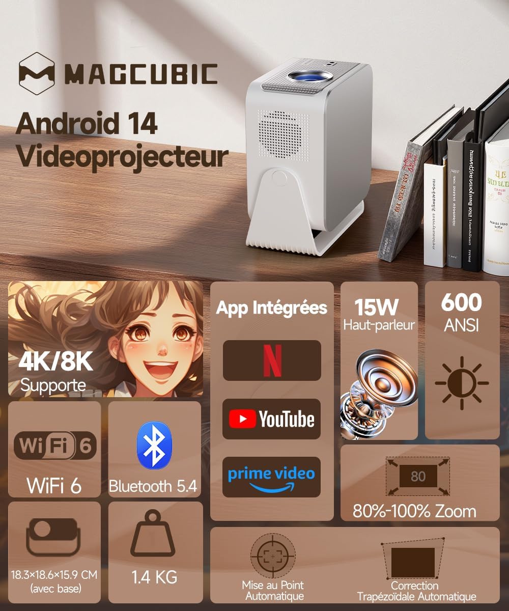 HY350Max Mini Videoprojecteur 4K 8K Supporte, 1080P Projecteur Video avec WiFi 6, Bluetooth 5.4, 600 ANSI, Mise au Point Automatique Correction Trapézoïdale, Retroprojecteur Rotation 180° Argent