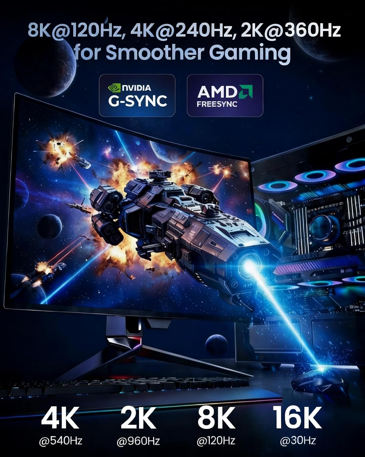 Câble DisplayPort 2.1 2M Certifié VESA DP54, 4K@240Hz/165Hz 8K@144Hz, 16K HDR G-Sync FreeSync VRR 54Gbps Câble DP Compatible DP 2.1/1.4/1.2, Écran Gaming 4K, PC, Carte Graphique RTX 4090 2M Gris