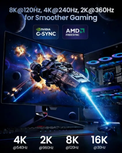 Câble DisplayPort 2.1 2M Certifié VESA DP54, 4K@240Hz/165Hz 8K@144Hz, 16K HDR G-Sync FreeSync VRR 54Gbps Câble DP Compatible DP 2.1/1.4/1.2, Écran Gaming 4K, PC, Carte Graphique RTX 4090 2M Gris