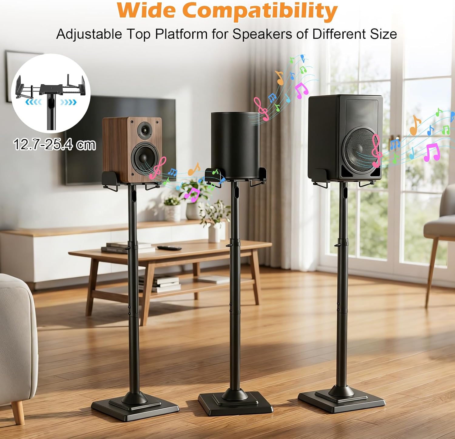 Support Enceinte sur Pied, Réglable en Hauteur, Pied Enceinte Universel avec Plaque de Support Extensible et Canal de Câble Interne, Capacité de Charge de 5 kg, 1 Paire