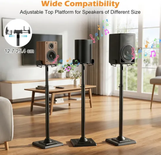 Support Enceinte sur Pied, Réglable en Hauteur, Pied Enceinte Universel avec Plaque de Support Extensible et Canal de Câble Interne, Capacité de Charge de 5 kg, 1 Paire