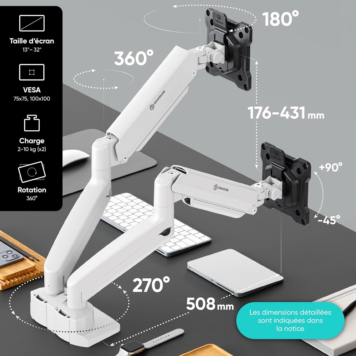 Bras Double Ecran PC pour Deux 13-32 Écrans Jusqu’à 10 kg chacun, Support Double Ecran PC VESA 75x75 & 100x100, Bras Articulé Écran Ressort à Gaz, Support Ecran Bureau Blanc G160-BW G160 Noir et blanc