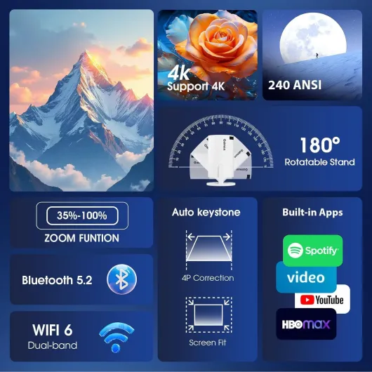 Vidéoprojecteur WiFi 6 BT5.2 Supporte 4K 1080P Rétroprojecteur, Blanc - App intégrée & 2026 Upgraded, Dual Contrôle, Auto Keystone 180° Rotation Compatible avec HDMI/TV Stick/USB,Projecteur Video
