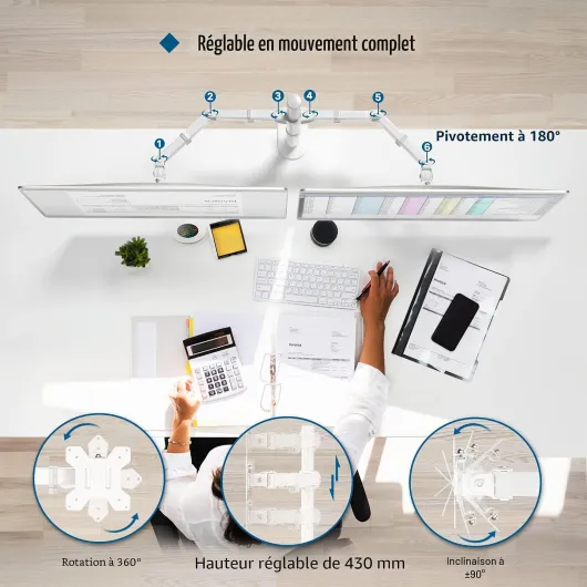 Support Ecran PC 2 Ecran 13-27 Pouces, 10 kg par Bras, Blanc - Bras Ecran PC Double Hauteur Réglable, Inclinaison, Pivotement, Rotation, 2 Options de Montage, VESA 75/100