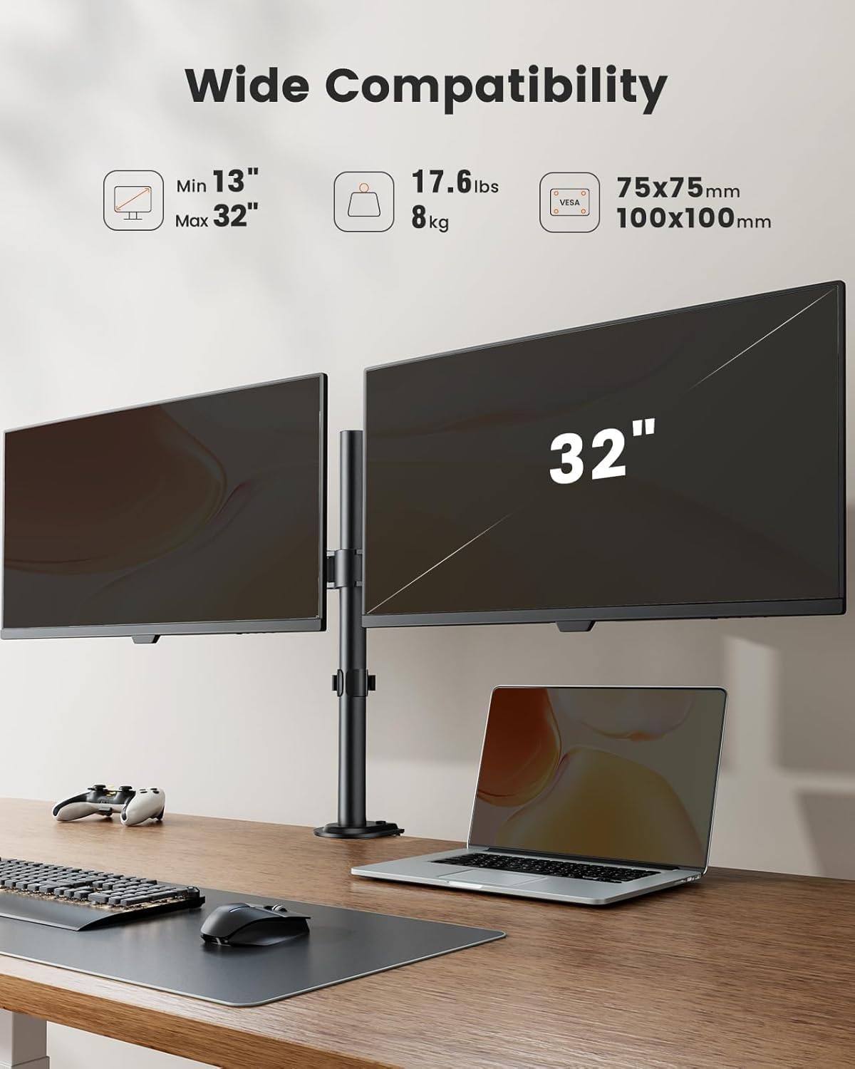 Support Ecran PC 2 Ecran pour Moniteurs de 13-32 Pouces - Bras Ecran PC Réglable en Hauteur, Rotatif et Pivotant, Inclinaison ±45°, Charge Maximale 8kg, VESA 75/100 black 13" - 32"