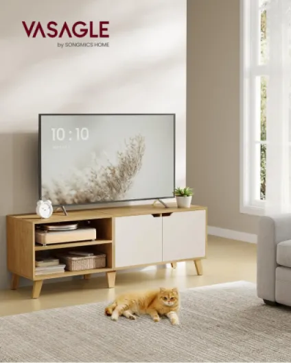 Meuble TV 2 Portes, Support Télé avec Étagères Réglables, Longueur 140 cm, pour Télévisions 60 Pouces, Salon, Salle à Manger, Chambre, Chêne Naturel et Blanc Crème LTV027N01 140L cm Jaune Paille/Blanc Crème
