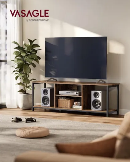 Meuble TV pour Télévision Jusqu’à 65 Pouces, Support Télévision, avec Compartiments Ouverts, Étagères, pour Salon, Salle de Jeu, Style Industriel, Marron Rustique et Noir d'encre LTV061K01 147L cm