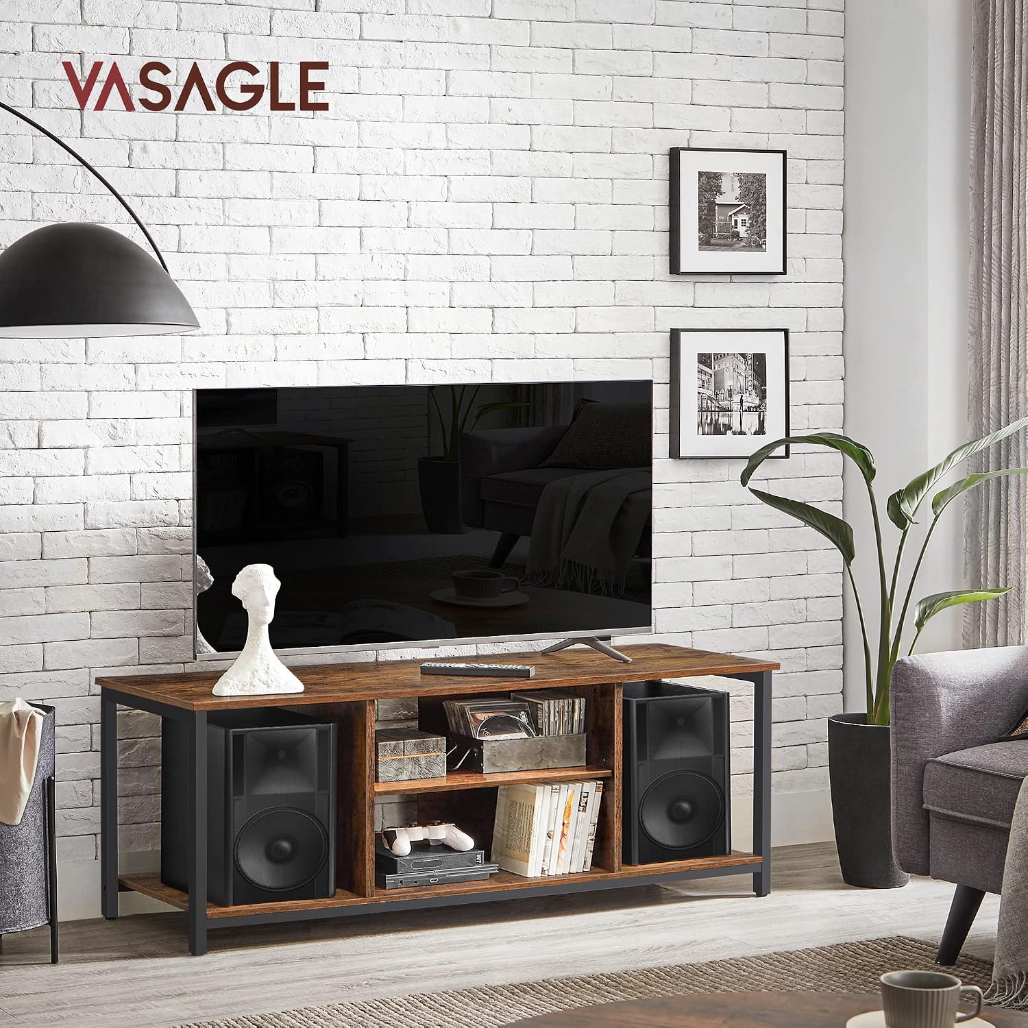 LTV060B01 Meuble TV pour TV Jusqu’à 152 cm (60"), avec étagères Ouvertes, Console TV pour Salon, Salle de Divertissement Marron Rustique/Noir 120L cm