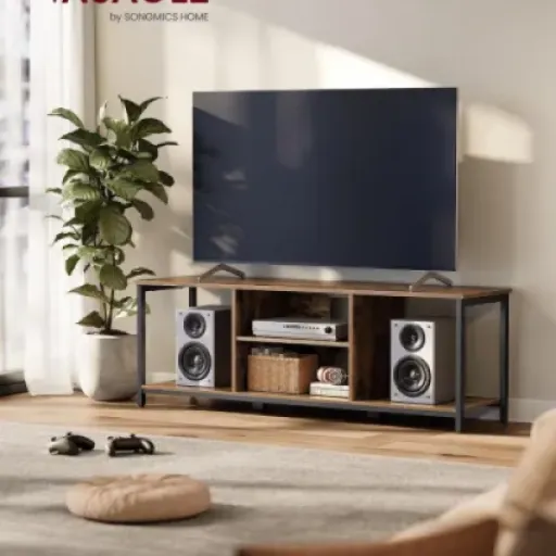 Test VASAGLE Meuble TV 147 cm : le banc TV industriel qui fait le job sans prise de tête