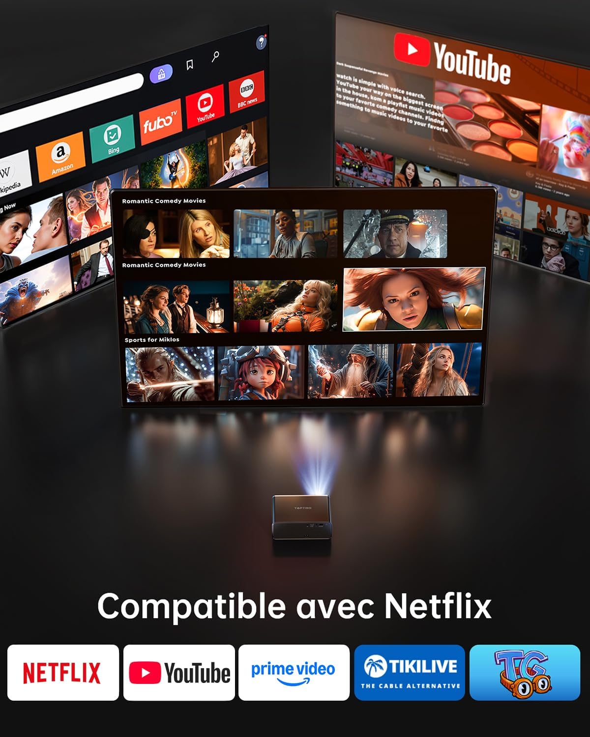 Vidéoprojecteur 4K【1000ANSI/Compatible Netflix/Dolby】 VideoProjecteur Portable AI Auto Focus/Keystone WiFi6 Bluetooth, TOPTRO Projecteur 1080P FHD, Rétroprojecteur 4k Extérieur Zoom 50% Home Cinéma Noir