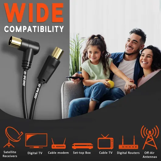 G-PLUG Câble d’Antenne TV 0.5m Angle Droit – Câble Coaxial Mâle-Mâle avec Adaptateur – Connecteurs RF Plaqués Or – Compatible Satellite, TNT, Décodeur, Sky Box 0.5m Coudé Noir