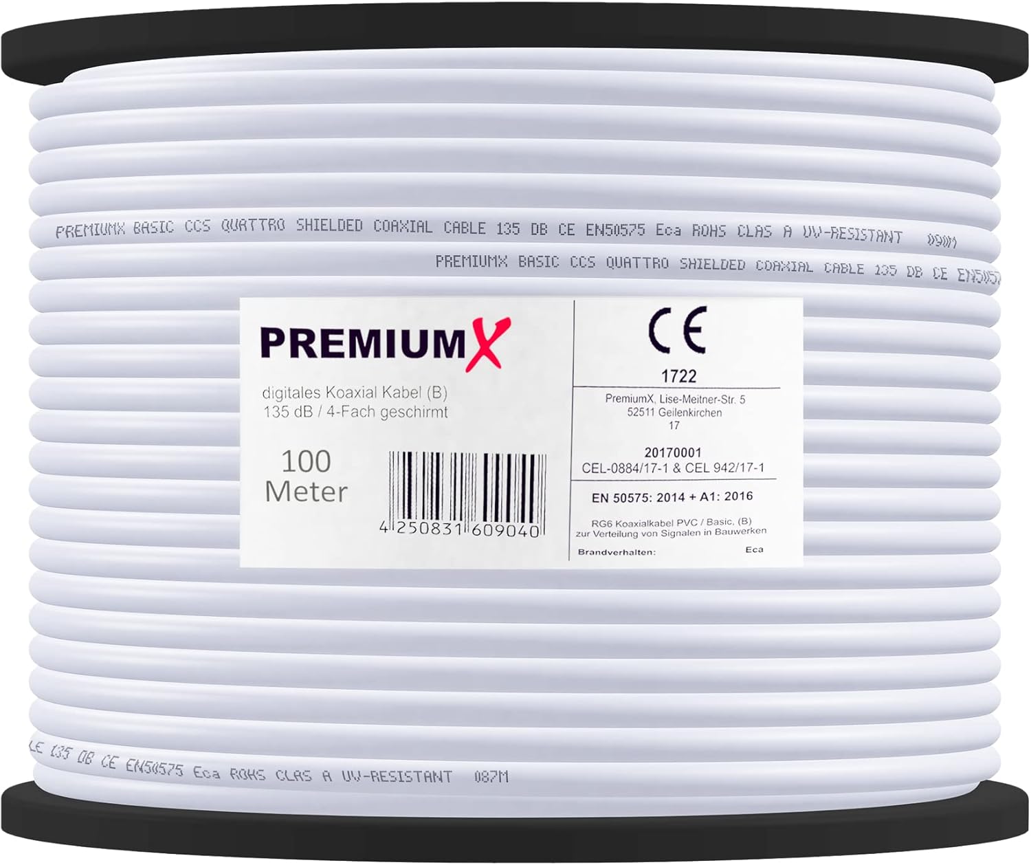 PremiumX 100m Câble coaxial Satellite SAT - 135dB Blindé 4 Couches - Compatible avec DVB-S/S2, DVB-C, DVB-T - 4K 1080p FULL HD HDTV - Câble d'Antenne Coaxial pour Installations CATV + 10 connecteurs F 100 meters Or
