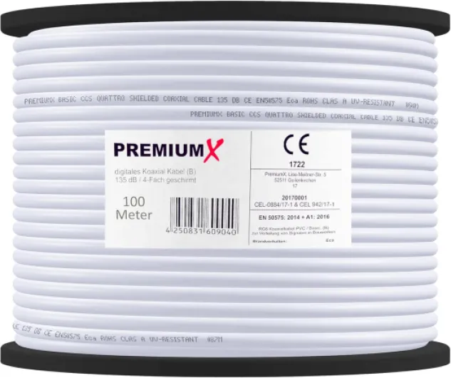 PremiumX 100m Câble coaxial Satellite SAT - 135dB Blindé 4 Couches - Compatible avec DVB-S/S2, DVB-C, DVB-T - 4K 1080p FULL HD HDTV - Câble d'Antenne Coaxial pour Installations CATV + 10 connecteurs F 100 meters Or