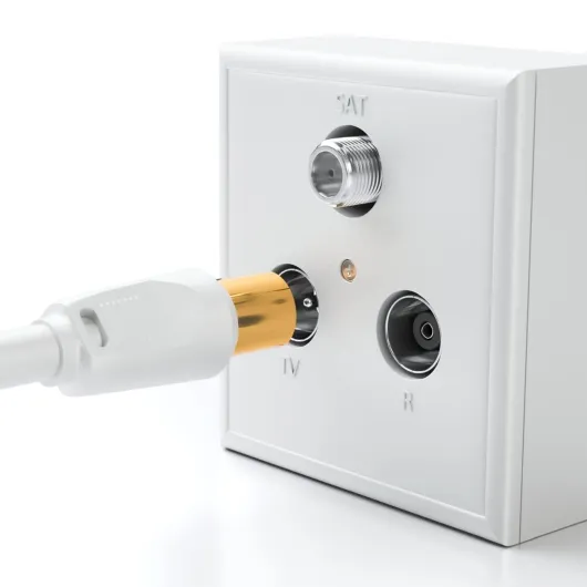 DeleyCON 5m Câble Antenne TV (IEC-Fiche vers IEC-Coupleur) Coaxial HDTV Blindage 4-fach 2x Noyau Ferrite Filtre Courant Gaine DVB-T DVB-T2 Radio DAB - Blanc Blanc 5 M