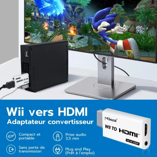 Adaptateur Wii HDMI, Adaptateur Wii vers HDMI Convertisseur Vidéo Full HD 1080P avec Sortie Audio 3,5 mm, Compatible Wii adapter