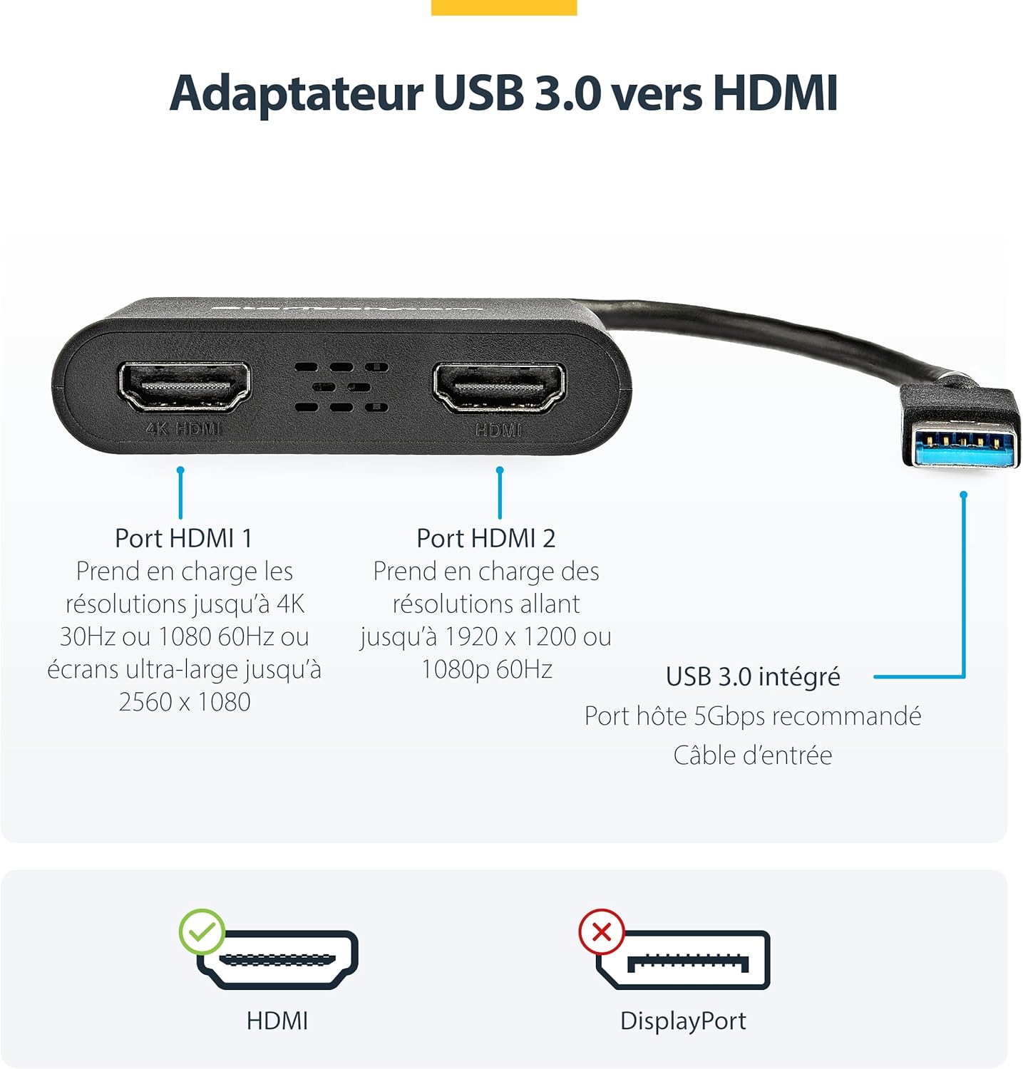 Adaptateur USB-A 3.0 vers Double HDMI, 4K 30Hz + 1080p 60Hz - Convertisseur USB vers 2x HDMI, Double écran, Mode etendu ou miroir, Multi-écran, HDCP 1.4