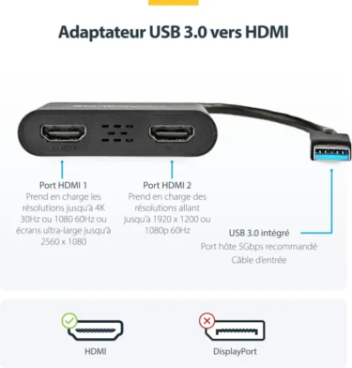 Adaptateur USB-A 3.0 vers Double HDMI, 4K 30Hz + 1080p 60Hz - Convertisseur USB vers 2x HDMI, Double écran, Mode etendu ou miroir, Multi-écran, HDCP 1.4