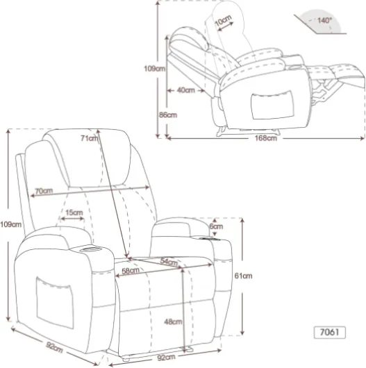 Fauteuil de Relaxation électrique Fauteuil de Massage Fauteuil TV Fonction inclinable Chauffage par Vibrations Nouveau modèle 7061 (Similicuir, Noir) Noir Simili cuir