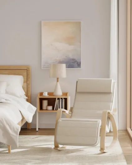 Fauteuil à Bascule, avec Accoudoirs en Bois, Repose-pieds Réglable en 5 Positions, Capacité 150 kg, 121,5 x 67 x 84 cm, pour Chambre, Salon, Beige et Couleur Boisée LYY010WZ01 Beige + Couleur Boisée Cadre triangulaire et repose-pieds carré