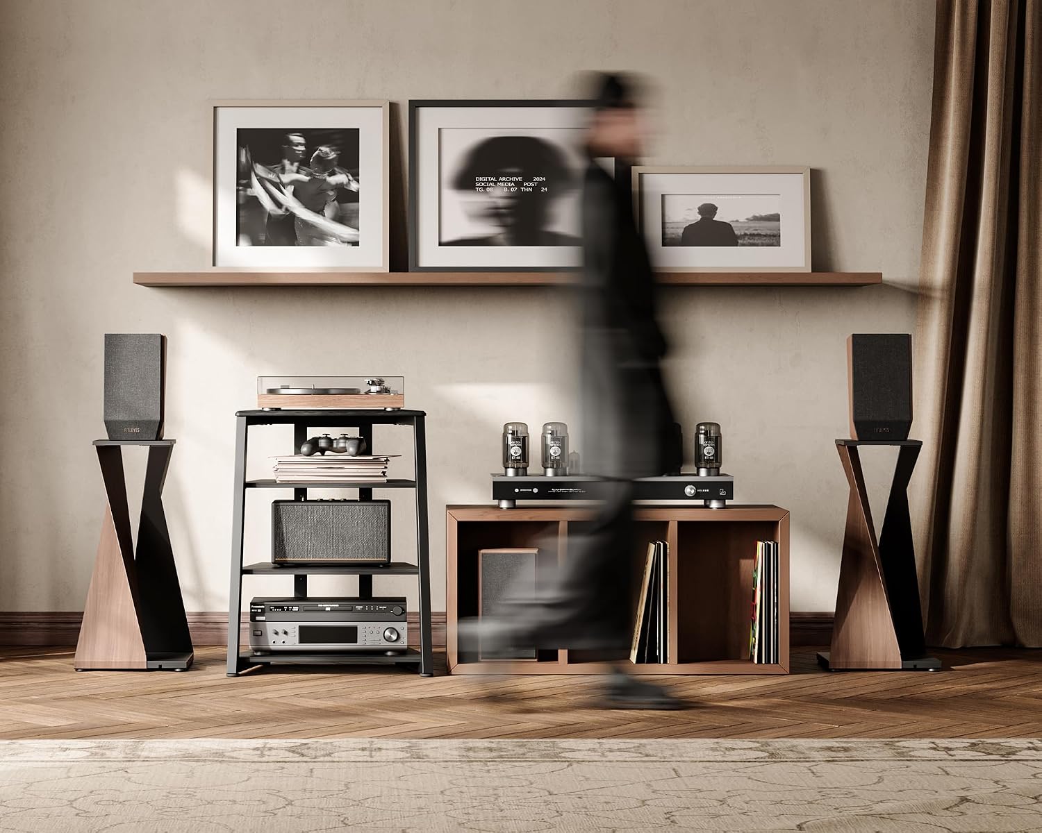 Meuble HiFi à 4 Etagères en Bois et Acier Support pour Platine Vinyle Meuble Audio/Vidéo Capacité de Charge Max - 50KG Structure Solide Noir