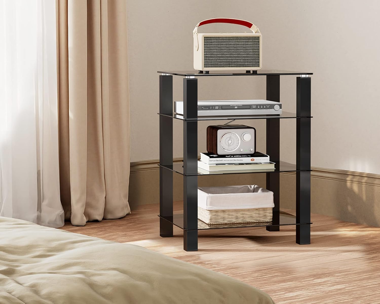 Meuble HiFi à 4 Niveaux en Verre Noir, Hauteur Réglable, Meuble Vinyle 60 × 46 × 77 cm, Capacité de Charge Maximale 40 kg, Convient pour Amplificateur/Platine Vinyle - 60x45.5x77 cm