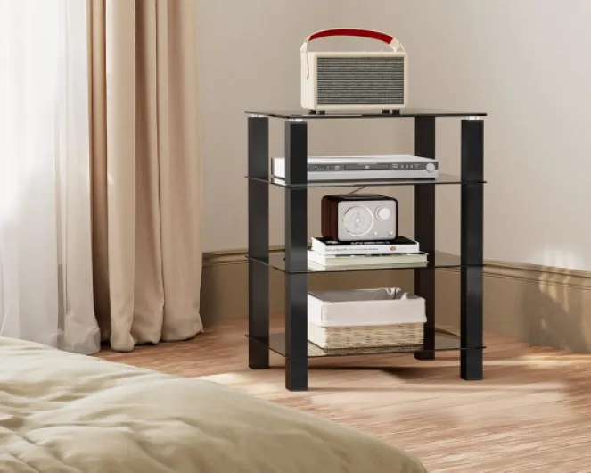 Meuble HiFi à 4 Niveaux en Verre Noir, Hauteur Réglable, Meuble Vinyle 60 × 46 × 77 cm, Capacité de Charge Maximale 40 kg, Convient pour Amplificateur/Platine Vinyle - 60x45.5x77 cm