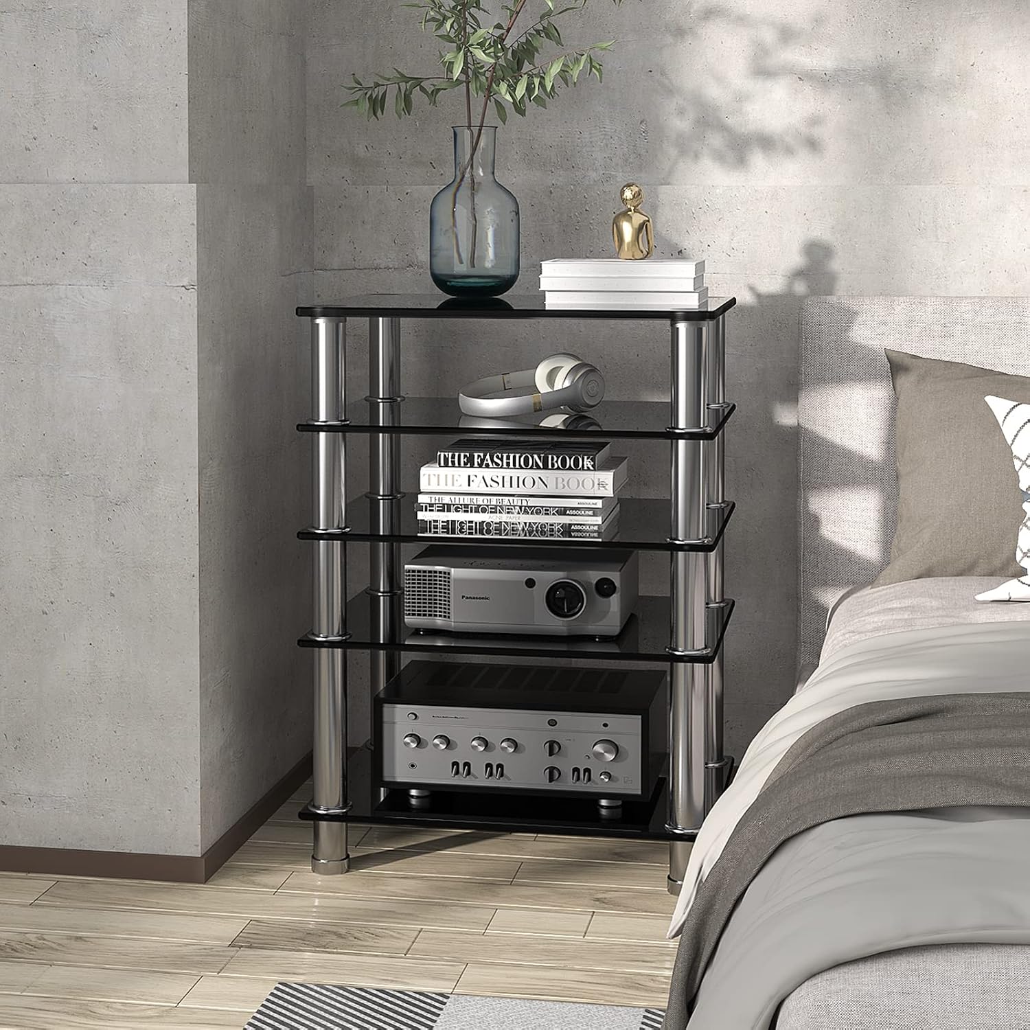 Meuble HiFi Console 5-Tier Audio Video Support pour Boitier TV Lecteur DVDT Xbox Gaming Consoles Verre Trempé Noir HF1002