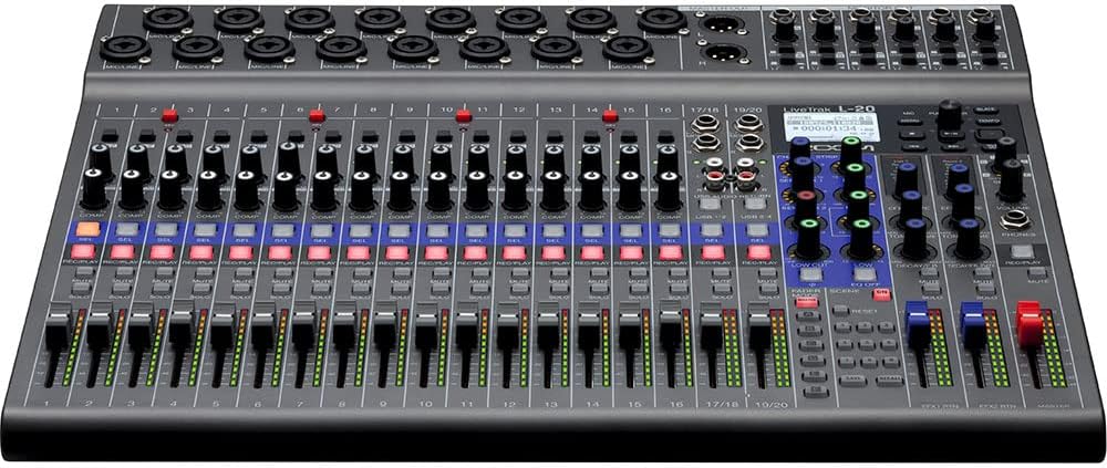 LiveTrak L-20 Console de mixage 20 entrées, enregistreur multipiste 22 canaux sur carte SD, interface audio USB 22 entrées/4 sorties, 6 sorties casque indépendantes, télécomande Bluetooth (iOS)