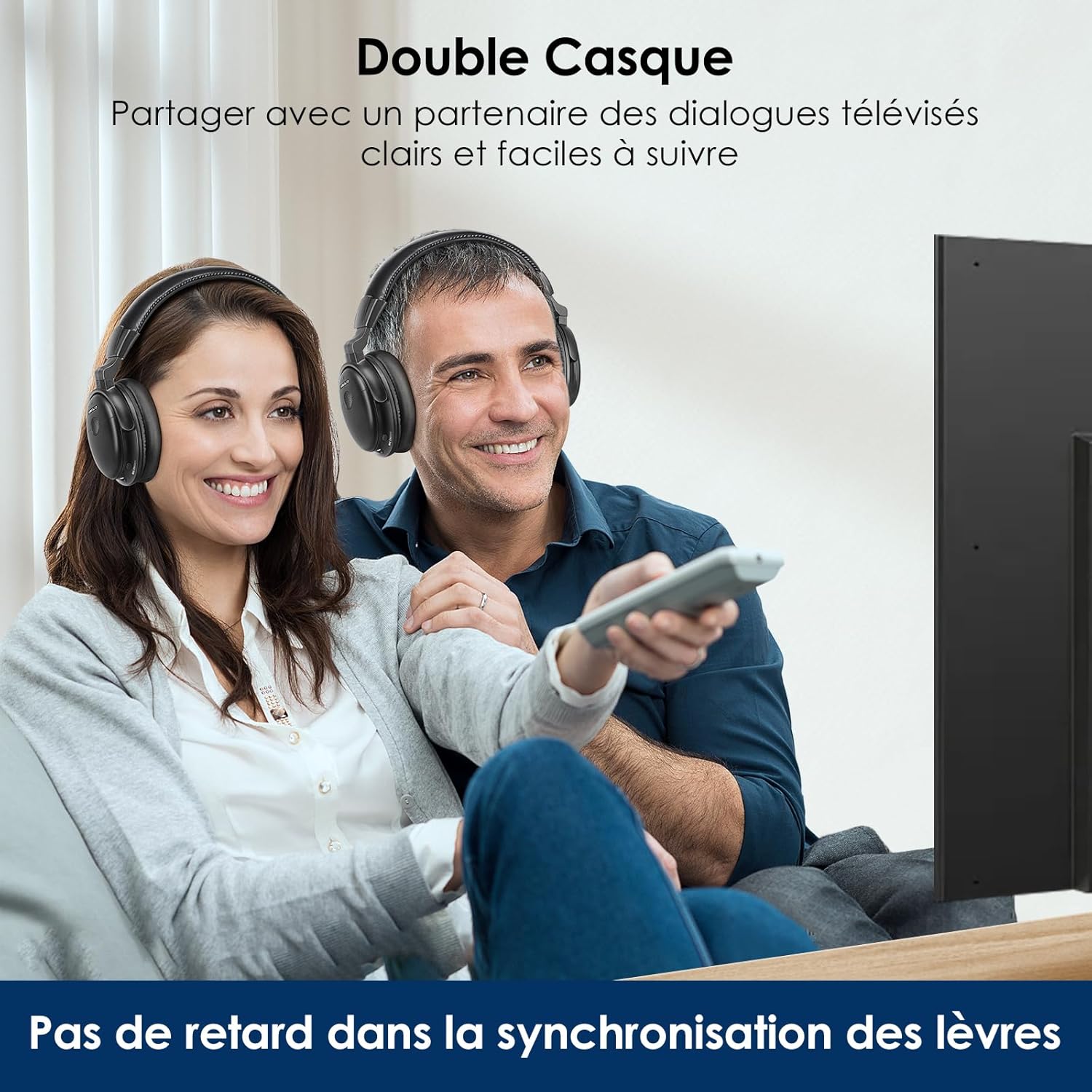 Double Casque TV sans Fil pour Television, Bluetooth pour Séniors - Dialogue Clair Confortable Ecouteurs, Réglage Ton et Bal G/D, Batterie Supplémentaire, Coussinets Amovibles, Portée 50 Mètres 2 Headsets