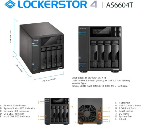 Lockerstor 4 AS6604T 4 Baies Serveur NAS Bureau Boîtier Quad Core 2.0 GHz CPU, 4 Go RAM DDR4, M.2 NVMe SSD Cache, sans disque Lockerstor 4 Bay