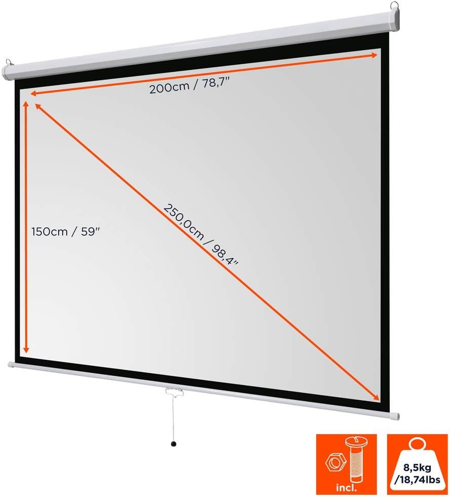 Basic écran de Projection Manuel 100" - 200x150cm 4:3 - Écran 4K rétractable pour home cinéma et présentations au bureau, montage mural ou plafond 100" - 4:3 - 200x150 cm Écran manuel - Série : basic