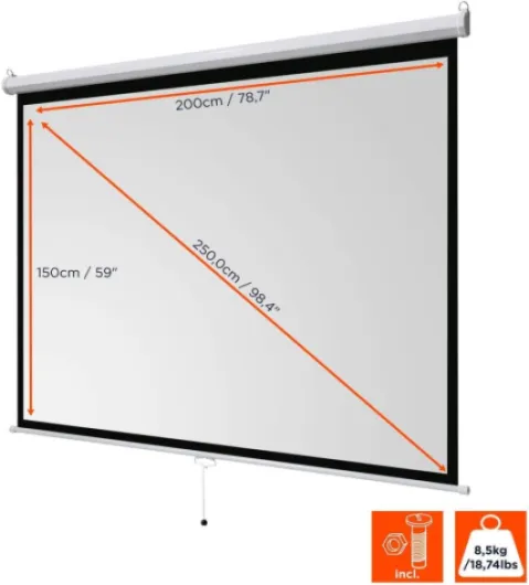 Basic écran de Projection Manuel 100" - 200x150cm 4:3 - Écran 4K rétractable pour home cinéma et présentations au bureau, montage mural ou plafond 100" - 4:3 - 200x150 cm Écran manuel - Série : basic