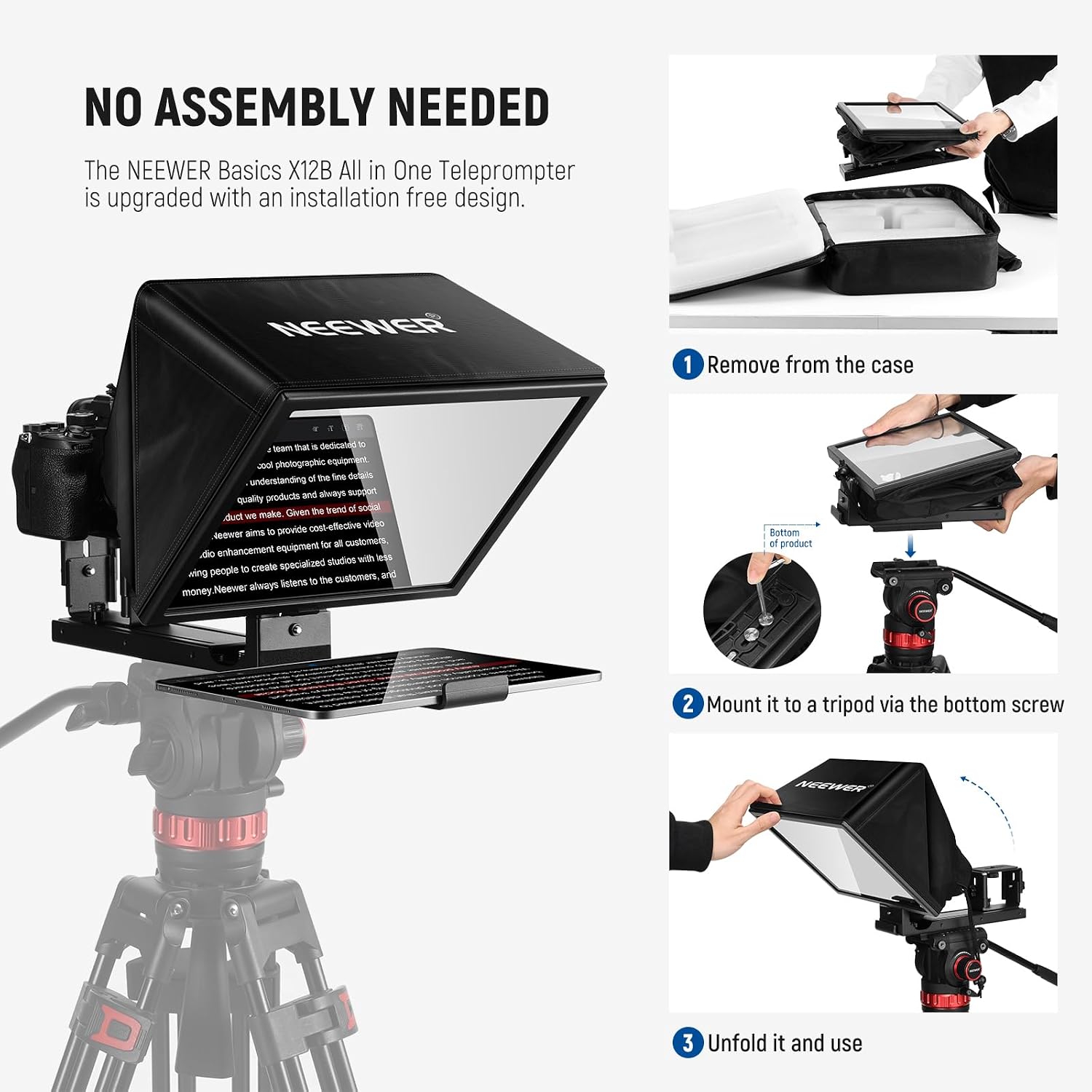 Basics X12B Téléprompteur Relevable en Alliage d'Aluminium 12" - Pour iPad, Tablette Téléphone DSLR, Non Assemblage, Contrôle App, Compatible avec iOS Android, Pro pour Enseignement