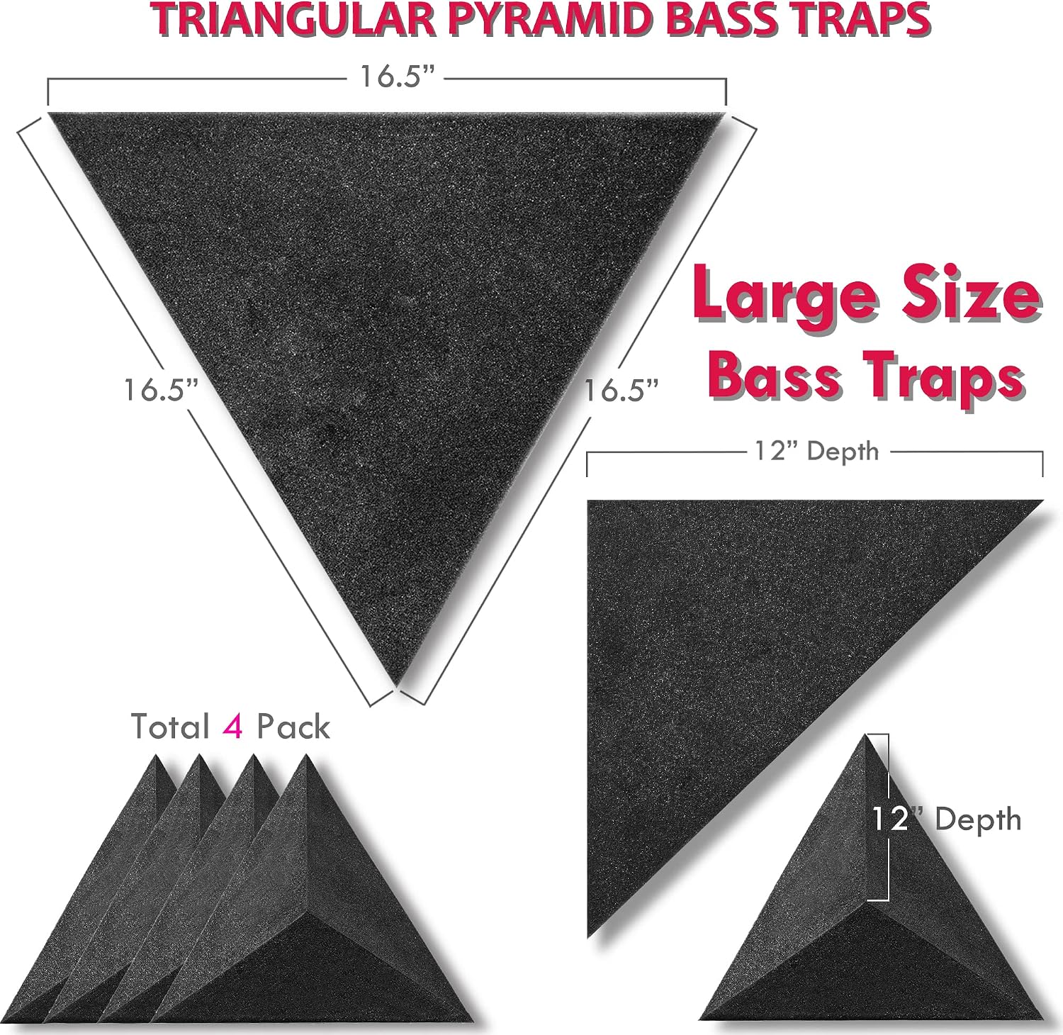 Foroomaco Lot de 4 Pièges à basses triangulaires en mousse pour angles de plafond, 42 cm, profondeur 30,5 cm, mousse d’absorption acoustique pour studio à domicile, studio, fréquences basses/hautes Noir