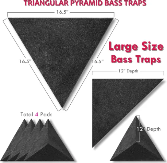 Foroomaco Lot de 4 Pièges à basses triangulaires en mousse pour angles de plafond, 42 cm, profondeur 30,5 cm, mousse d’absorption acoustique pour studio à domicile, studio, fréquences basses/hautes Noir