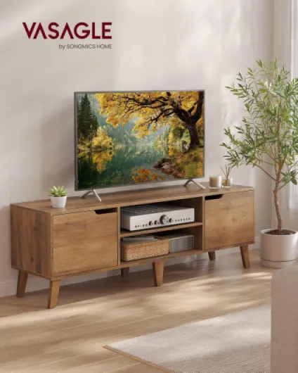 Meuble TV, Support Télé avec Étagère Réglable, pour Télévision jusqu'à 65 Pouces, Longueur 147 cm, Style Ttransitionnel, pour Salon, Chambre, Marron Miel LTV556K01