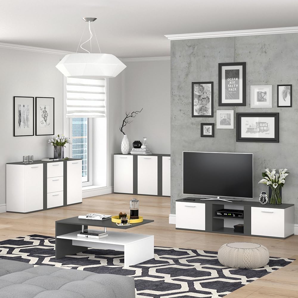 Meuble TV Novelli, Anthracite, 155x41cm - pour une utilisation comme meuble TV avec plusieurs surfaces de rangement Anthracite, Blanc