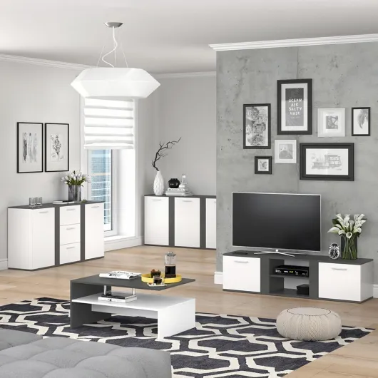 Meuble TV Novelli, Anthracite, 155x41cm - pour une utilisation comme meuble TV avec plusieurs surfaces de rangement Anthracite, Blanc