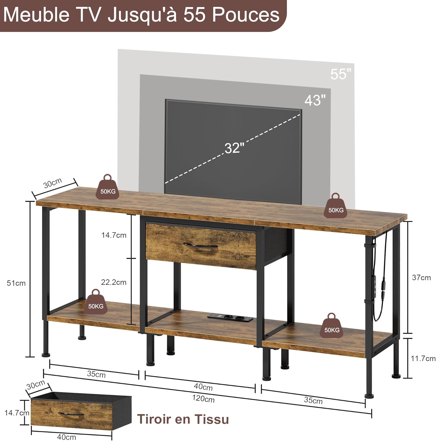 Meuble TV LED 120cm avec Prise, pour TV jusqu'à 55", Marron Rustique - Prise et Ports USB, Éclairage LED, Tiroir en Tissu, Étagères Ouvertes, Téléviseur jusqu'à 55″, Style Industriel 120 x 30 x 51.8 cm Marron Rustique