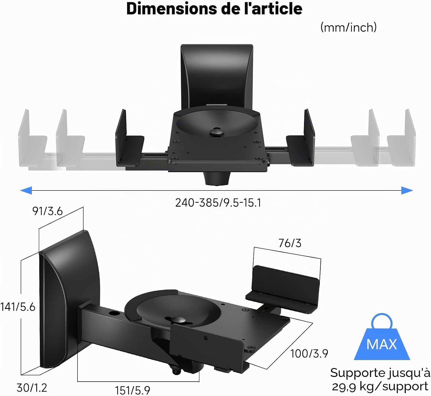 Support de Montage Mural pour Haut-Parleur à étagère à Double Serrage pour Les Grands Haut-parleurs Surround, jusqu'à 25kg Noir SPM201LB SPM201L Noir