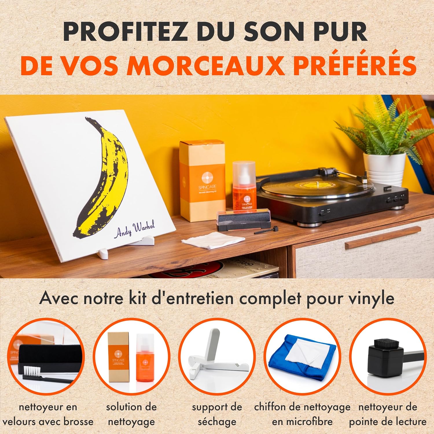Kit de Nettoyage pour Vinyles - Kit d'entretien Vinyle 5-en-1 - Solution XL 200 ml - Brosse velours - Brosse diamant en fibre de carbone - Chiffon microfibre - Support de séchage
