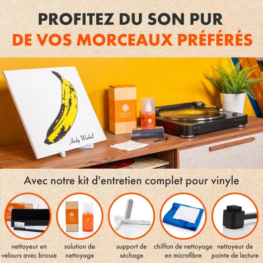 Kit de Nettoyage pour Vinyles - Kit d'entretien Vinyle 5-en-1 - Solution XL 200 ml - Brosse velours - Brosse diamant en fibre de carbone - Chiffon microfibre - Support de séchage